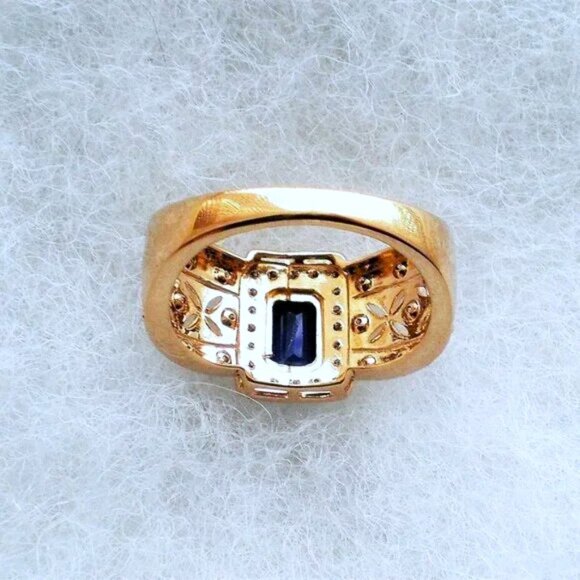 Designer 14K Yellow Gold Sapphire Diamond Halo Cluster Filigree Ring P - Picture 6 of 8